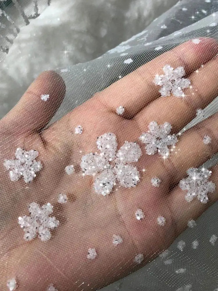 Renewal 3D Snowflake Flower Glitter Silver Spray Transparent Tulle Fabric for Home Decor Wedding Dress Making