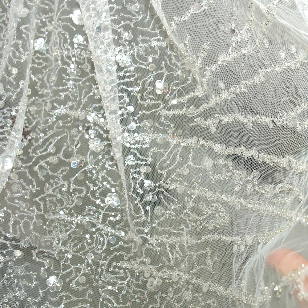 Luxury Sequin Beaded Lace Mesh Fabric Shiny Silver Embroidery Tulle for Wedding Dress Gown Costume DIY Couture Craft