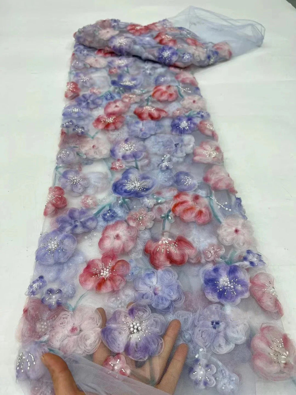 Colorful 3D Ribbon Floral Embroidered Tulle Fabric for Bridal and Evening Gowns