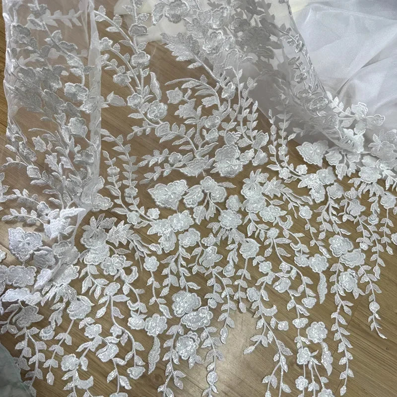 New Lace Transparent Mesh Fabric Embroidery Flower Sequins Tree Leaves Sewing Wedding Dress Evening Gown Lace Fabric