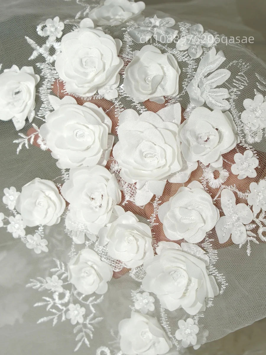 Three-dimensional dreamy white rose embroidery lightweight and transparent mesh fabric suitable for wedding dresses formal gowns