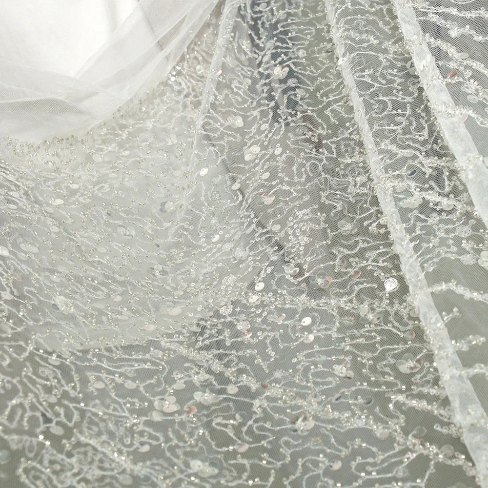 Luxury Sequin Beaded Lace Mesh Fabric Shiny Silver Embroidery Tulle for Wedding Dress Gown Costume DIY Couture Craft