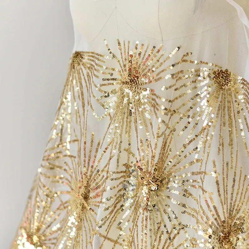 White Embroidered Gold Sequin Lace Fabric - Wedding Material 130cm