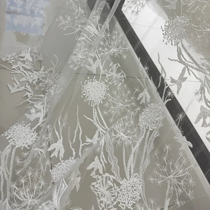 New Style Fresh Characteristic Polyester Thread Bird Pattern Lace Embroidery Sheer Gauze Fabric DIY Wedding Dress Formal Wear