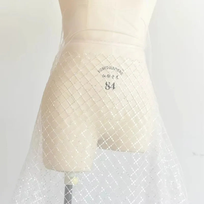 White Size Grid Glitter Embroidery Lace Fabric for Wedding Dress DIY Handmade Material
