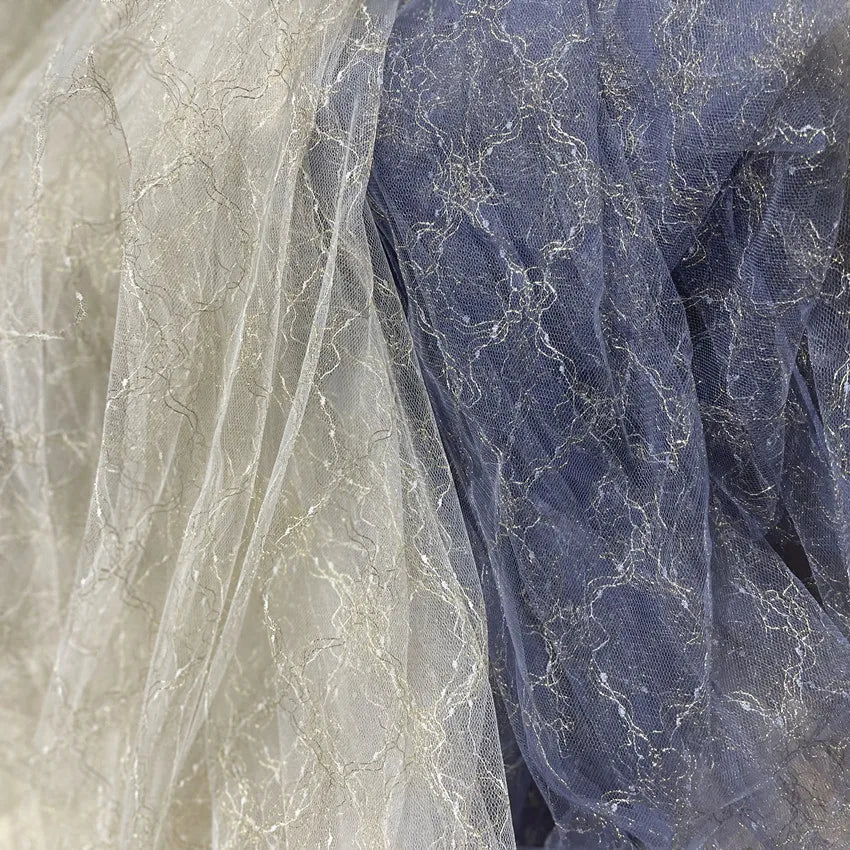 قماش دانتيل بلون المشمش الرمادي والأزرق والذهبي لفستان الزفاف، قماش شبكي مع تفاصيل الخيوط
