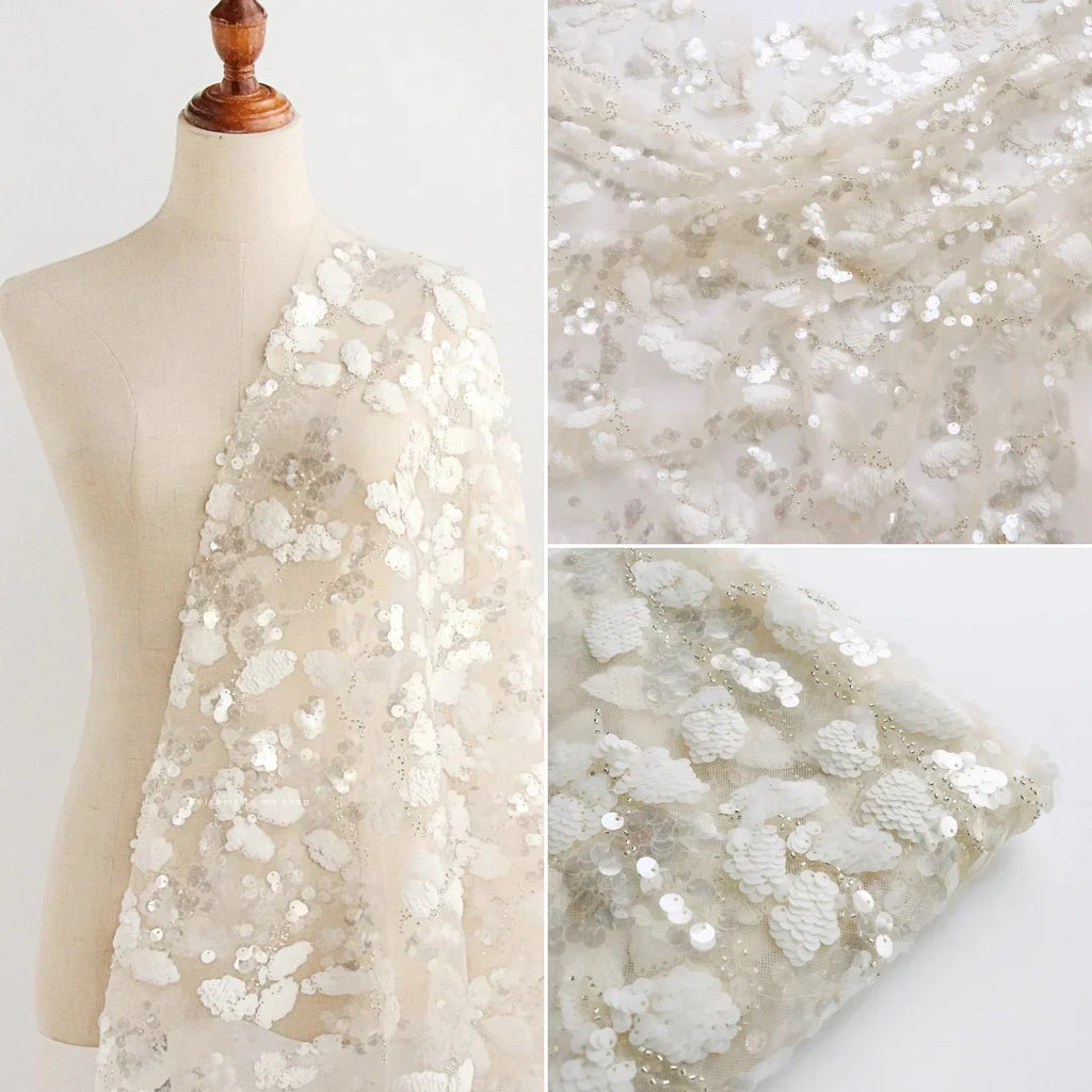 Tela de malla blanca con bordado de cuentas, tela de encaje con bordado de lentejuelas, tela de costura para decoración de cheongsam, tela personalizada