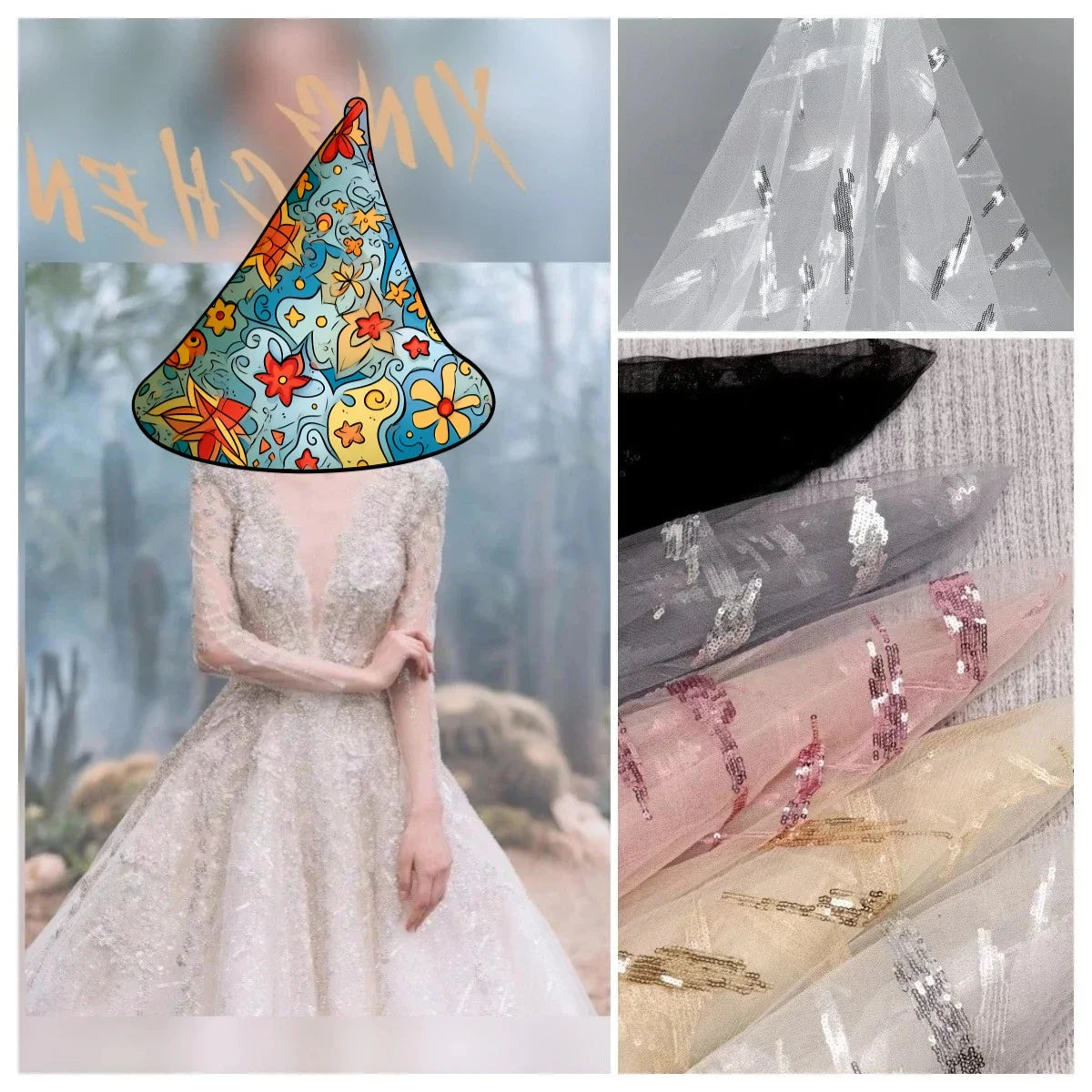 Vestido de novia con cuentas, tela de malla bordada, tela de lentejuelas multicolores, tela bordada para boda, ribete de encaje con ojales