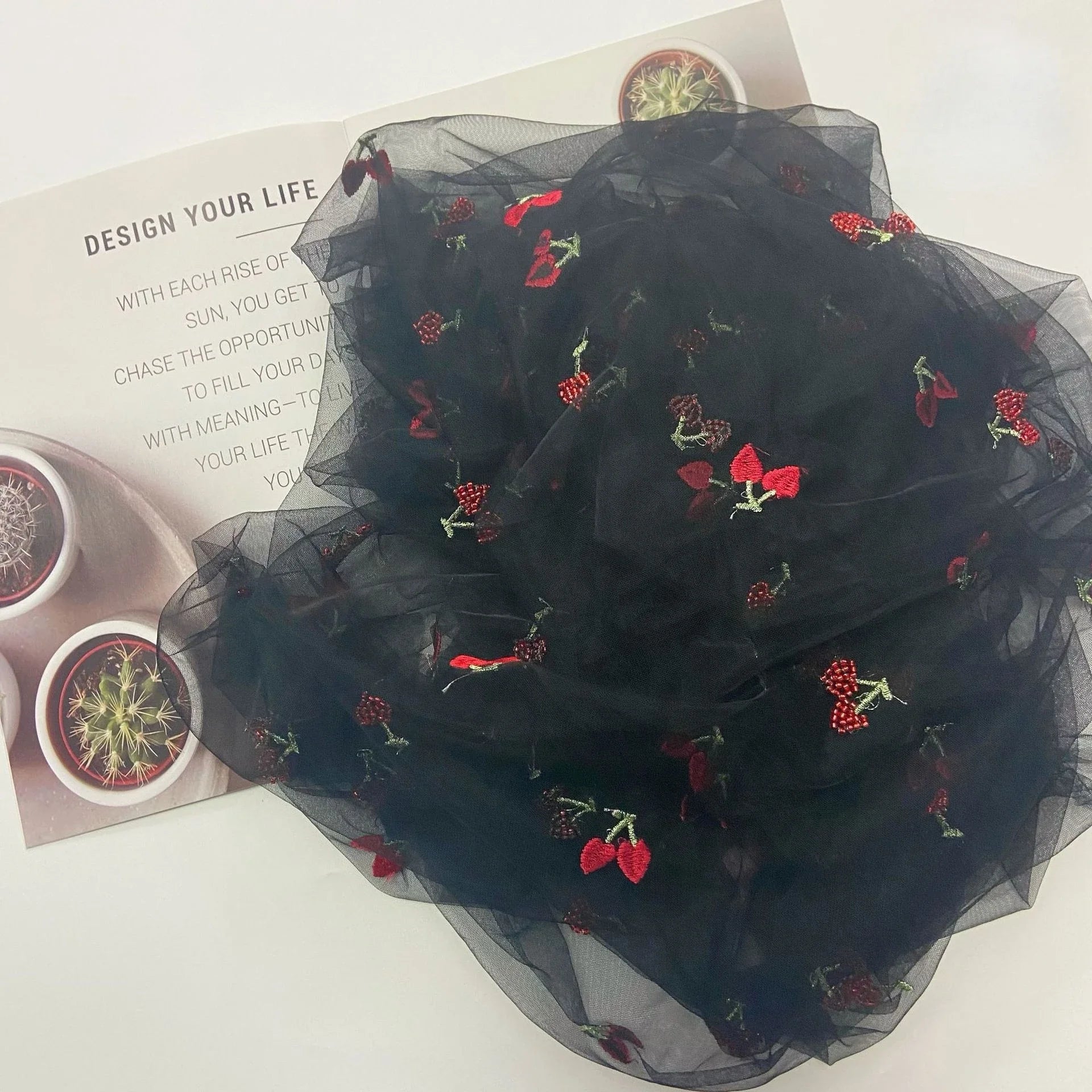 Tulle cherry-patterned beaded tube embroidered mesh fabric sewing children's clothing hair accessories and curtain fabric