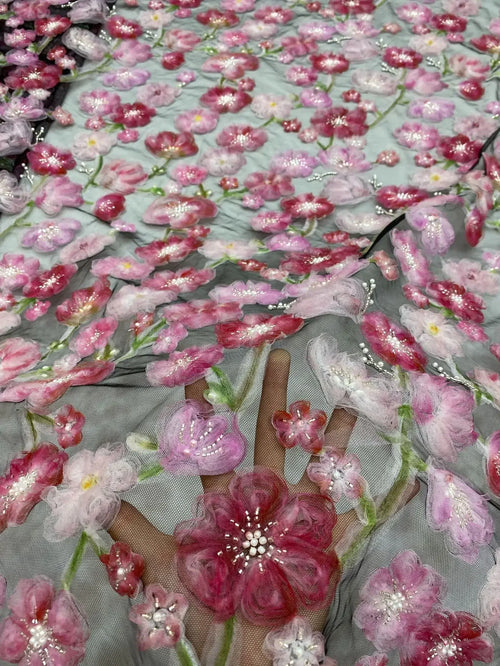 3D Ribbon Embroidered Beaded Flower Mesh - Evening Gown Tulle Fabric