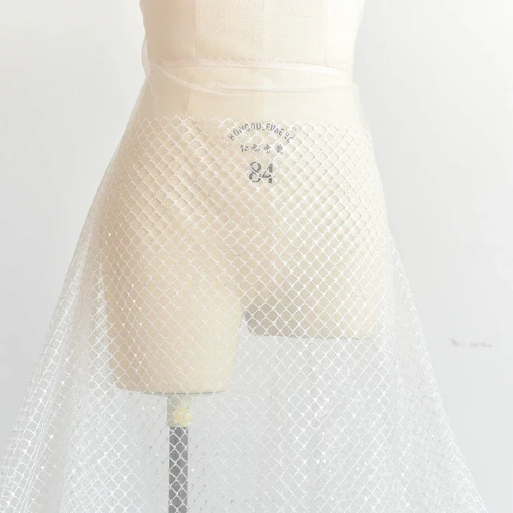 White Size Grid Glitter Embroidery Lace Fabric for Wedding Dress DIY Handmade Material