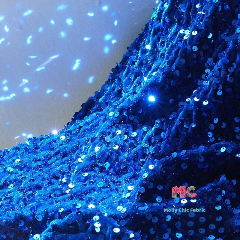 Tela elástica de terciopelo con lentejuelas y bordado tridimensional para costura de vestidos de noche y ropa.