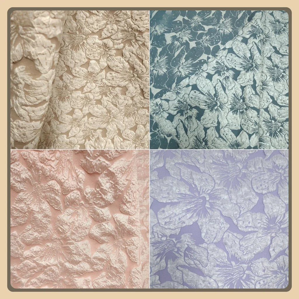 قماش كريب جاكار بابل - خامة فستان بنقشة زهور كبيرة بارزة