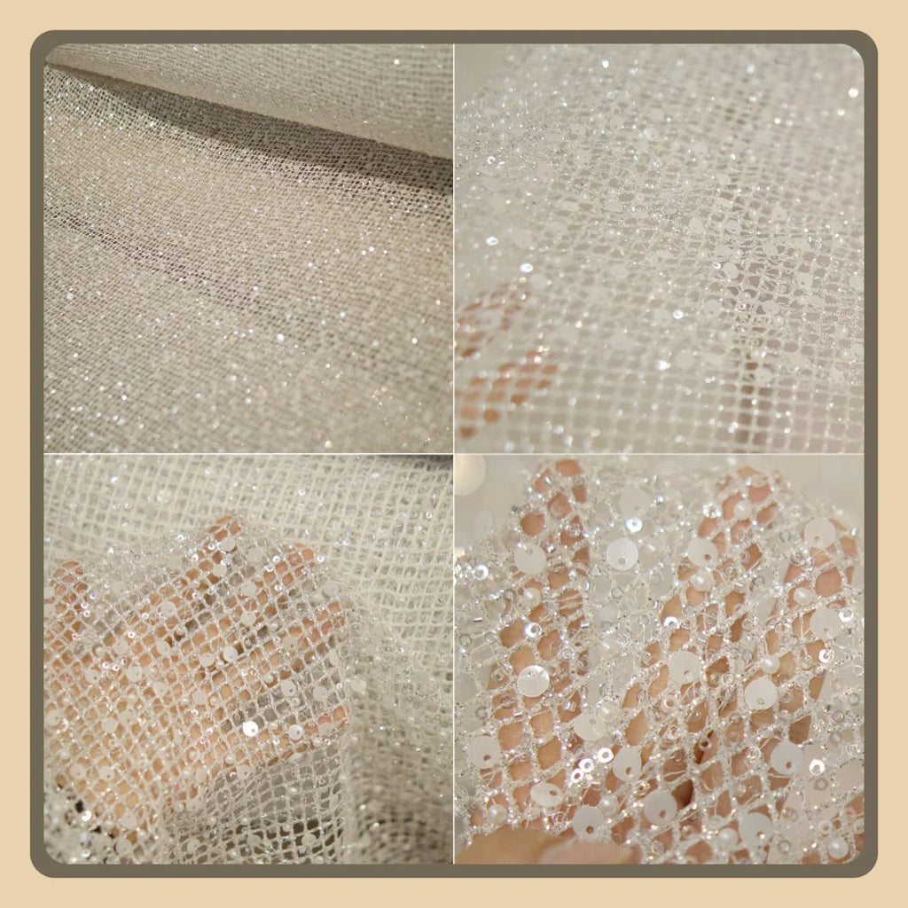 White Glitter Sequin Mesh Fabric for Bridal and Evening Gowns