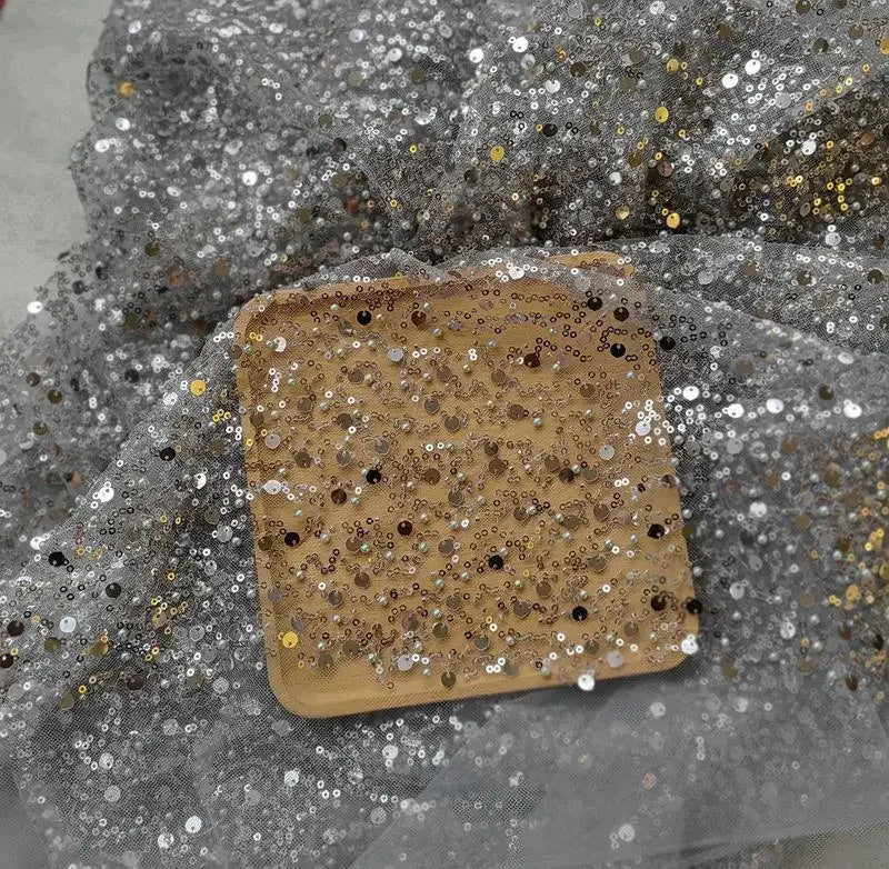 1.5m Wide Encryption Various colors Bead Embroidery Sequin Mesh Lace Fabric for Wedding Dresses Stage Clothing