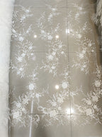 Tela de encaje con lentejuelas y flores tridimensionales 3D, hecha a mano, para vestido de novia, falda, accesorios de bricolaje hechos a mano