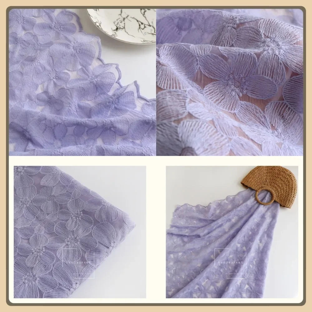 Pure Cotton Mesh Embroidered Fabric with Violet Chrysanthemum Design for Kids Dress Soft Cotton Yarn Material DIY Sewing Craft