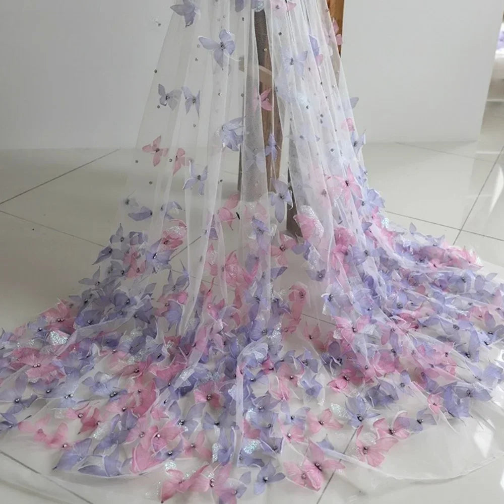 قماش شبكي شفاف بتصميم فراشة ماسية لامعة ثلاثية الأبعاد باللون الأزرق والوردي لخياطة فساتين الزفاف والسهرة