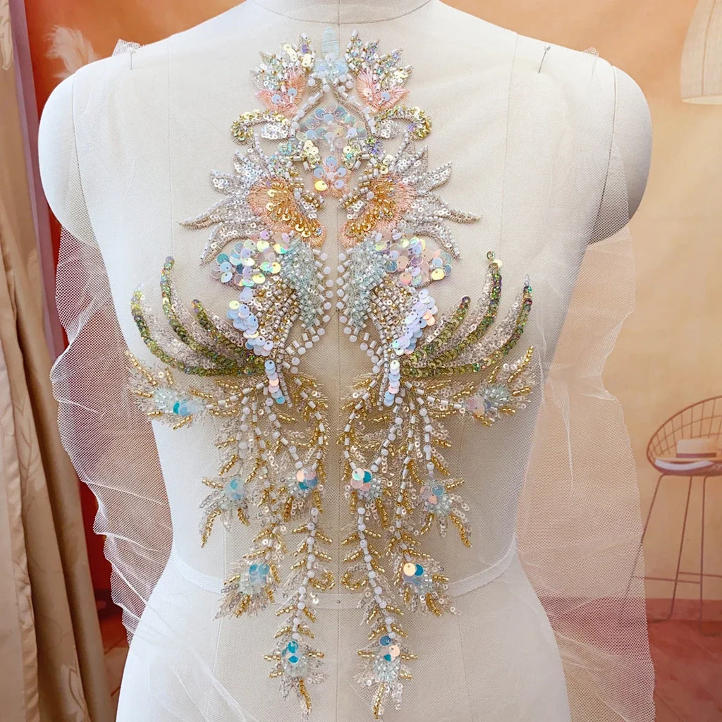 Champagne Gold Fish Scale Sequins Bead Embroidery Lace Wedding Dress Evening Gown Stage Costume DIY Sewing Accessories