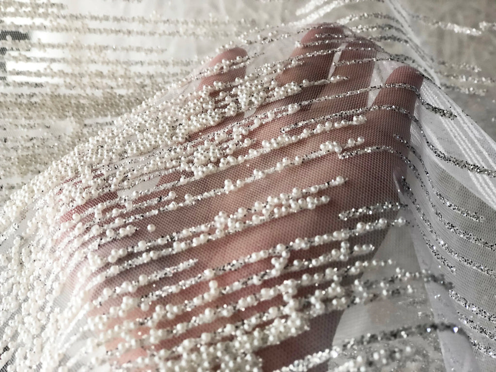 High End White Pearl Shiny Hot Stamping Gold Silver Mesh Fabric Sewing Wedding Dress Evening Gown Lace Mesh Soft Fabric