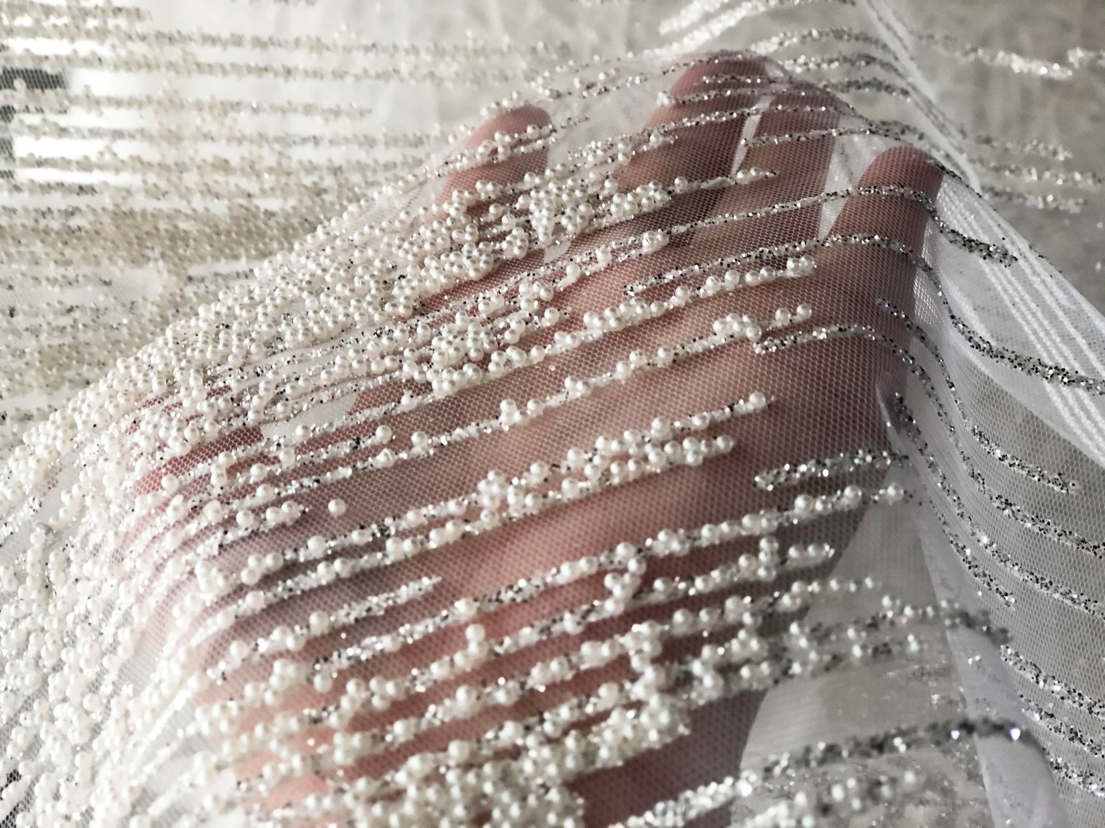 High End White Pearl Shiny Hot Stamping Gold Silver Mesh Fabric Sewing Wedding Dress Evening Gown Lace Mesh Soft Fabric