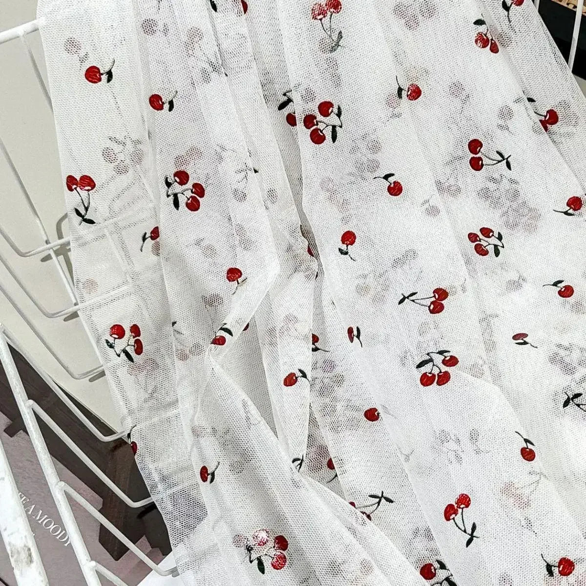 Cherry Print Gold Thread Soft Stretch Mesh Fabric - Sheer Material