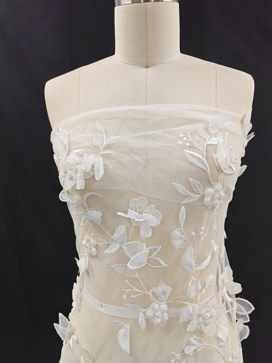 Tela de malla suave para vestido de boda, con bordado tridimensional de flores y cuentas de uñas en blanco crudo