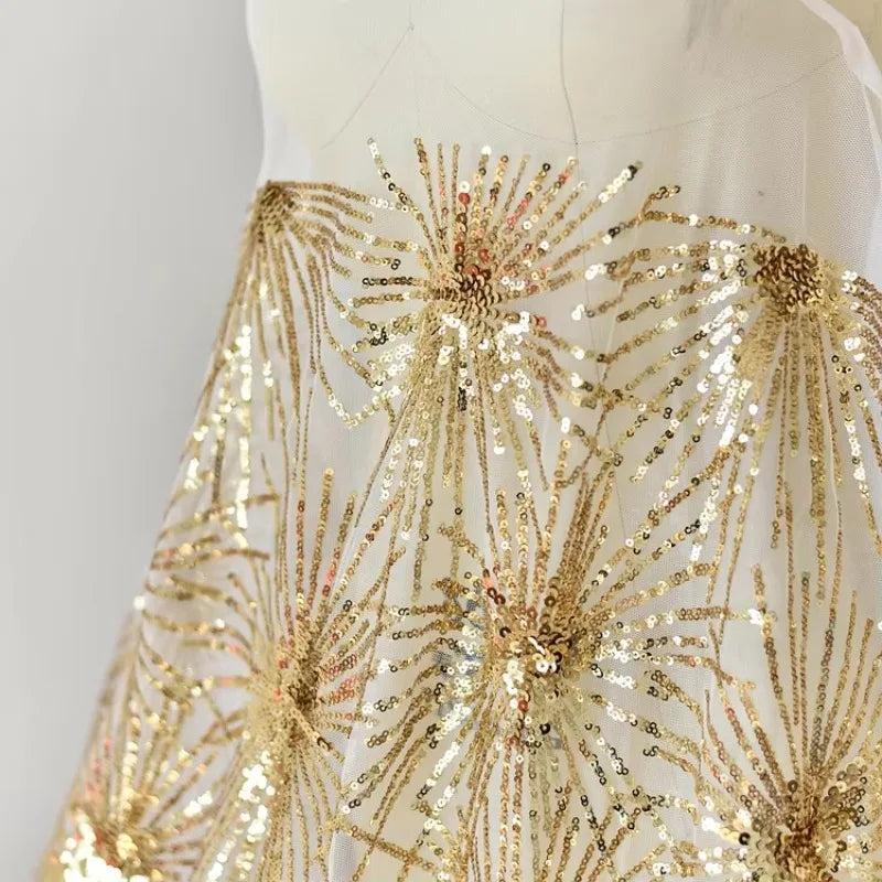 White Embroidered Gold Sequin Lace Fabric for Wedding Dresses Clothing Home Decoration Handmade Accessories