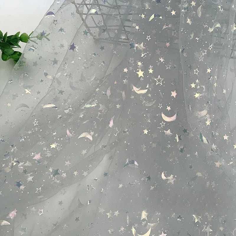 Dreamy Mesh Fabric For Children In Princess Style With Colored Star And Moon Printed Pattern Suitable For Wedding Dress Designer