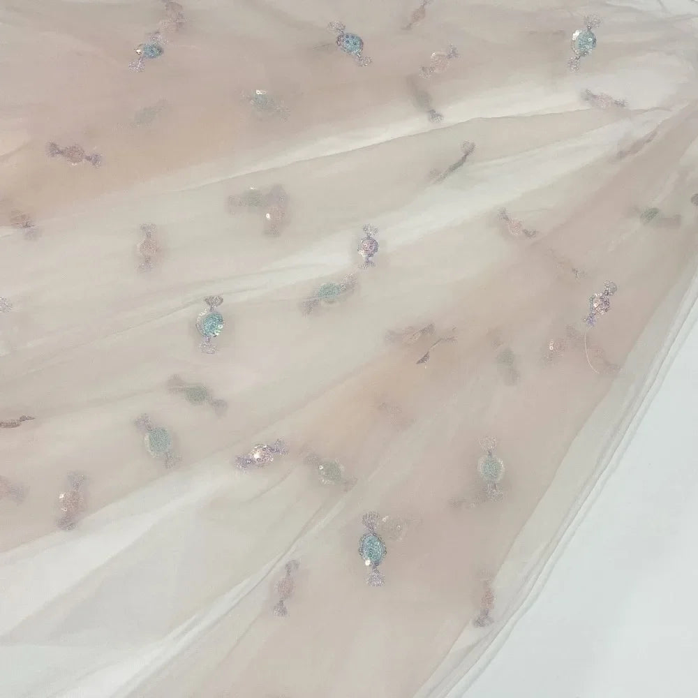 Tela ligera y suave con bordado de cuentas, ropa infantil con dulces frescos y coloridos, accesorios para el cabello, tela de malla de encaje para faldas.