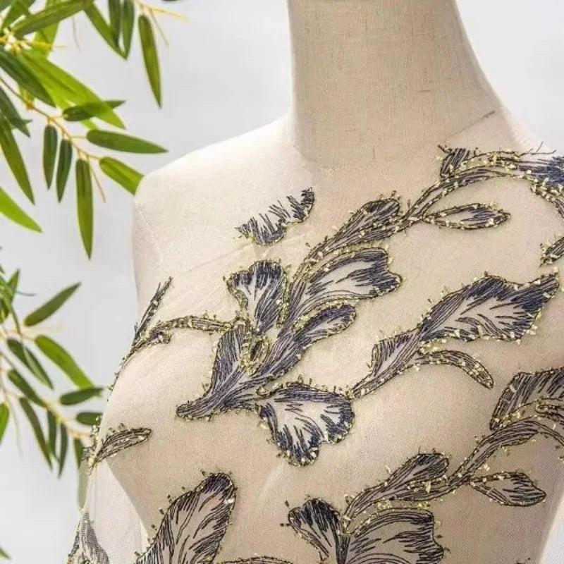 زي هانفو القديم بخيط ذهبي وزهرة البوق مطرزة بدانتيل من القماش الشبكي لفستان تنكرية يمكنك صنعه بنفسك وديكور زفاف