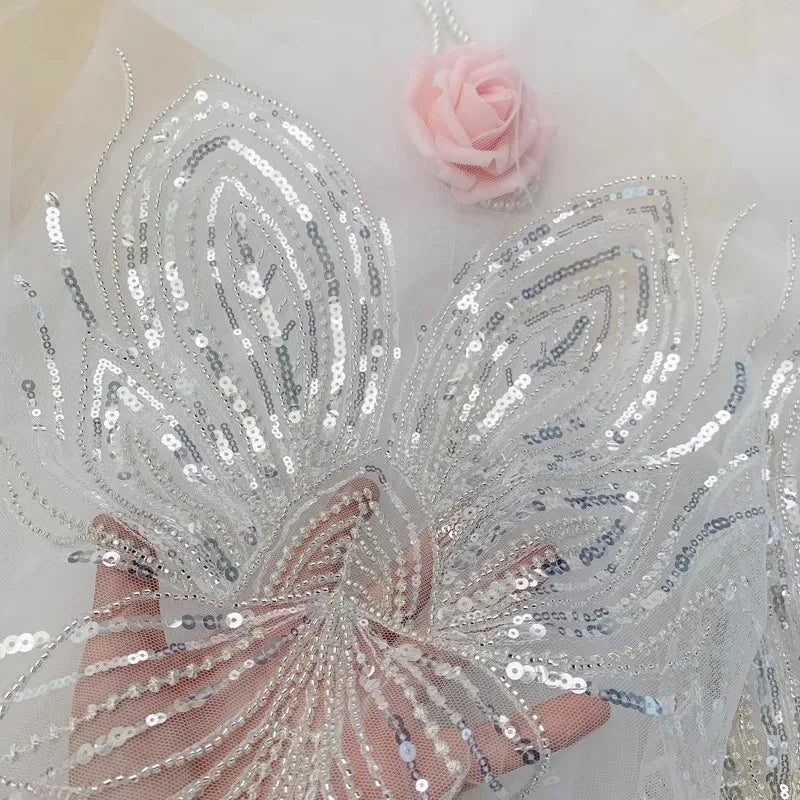 New 30 * 69cm silver nail bead sequin wedding dress upper collar lace embroidery designer sewing accessories