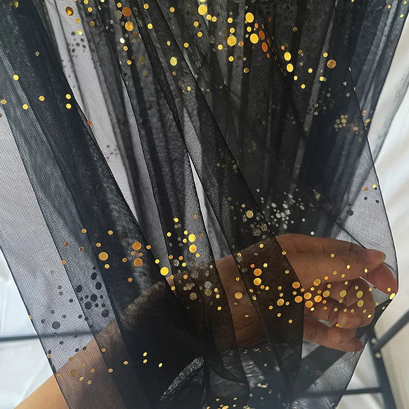 قماش شبكي أسود ذهبي بطول 5 ياردات مع خيوط ترتر لتصميم زي مسرحي وخلفية حفلات أعياد الميلاد بعرض 1.6 متر