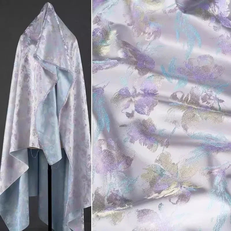 Blue Purple Tulip Flower Woven Brocade Jacquard Fabric New Chinese Style Sewing Vest Qipao Jacket Designer Fabric