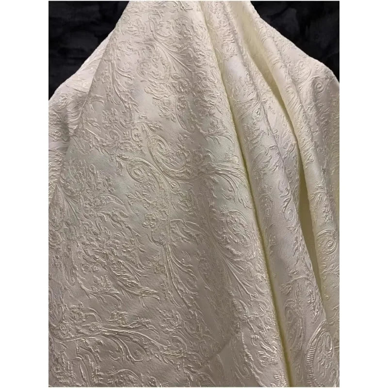 Off-White Jacquard Fabric With Vintage Floral Palace Pattern And Glitter Thread For Fashion Outerwear Coat And High-End Design
