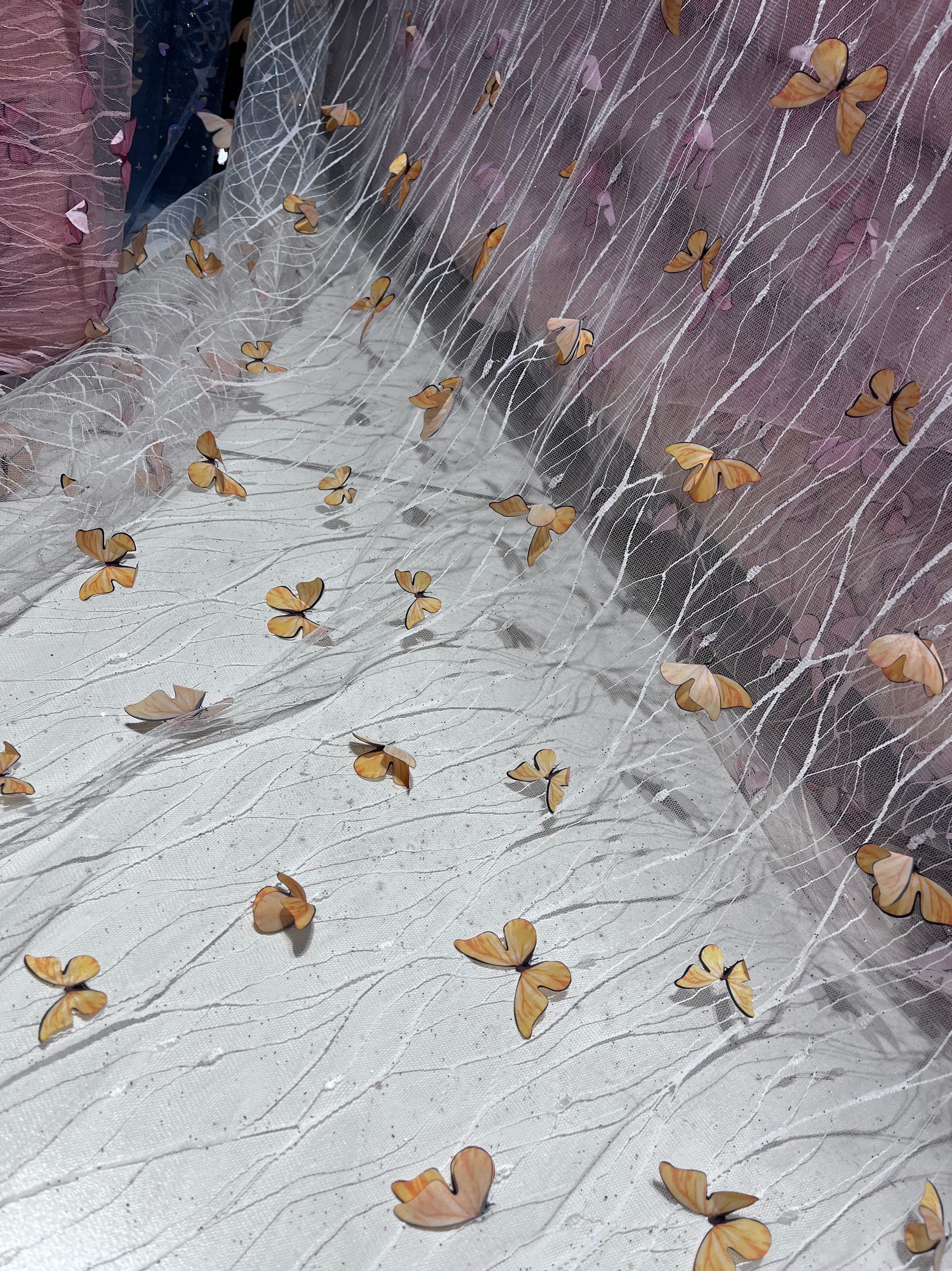 قماش شبكي مطرز ثلاثي الأبعاد بنقوش الفراشات لفساتين الزفاف، قماش زخرفي للخلفية للملابس الرسمية