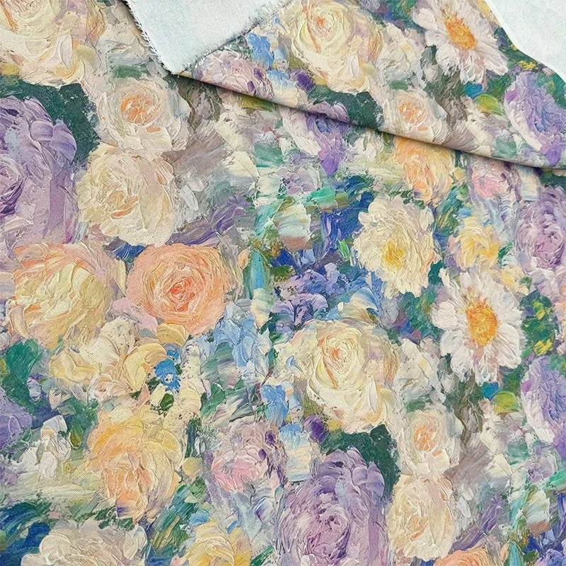 Oil Painting Floral Fabric Premium Cotton Linen Blend With Dense Weave For Tablecloth DIY Home Decor Door Curtain Fabric