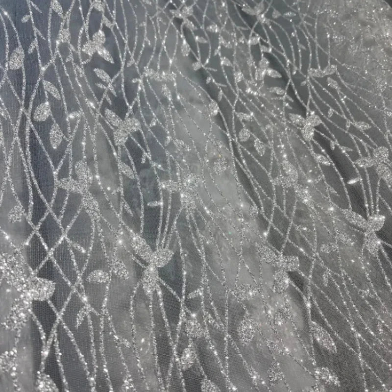New Shiny Leaf Spray Silver Hot Stamping Transparent Mesh Wedding Dress Fabric Fabric Clothing Accessories