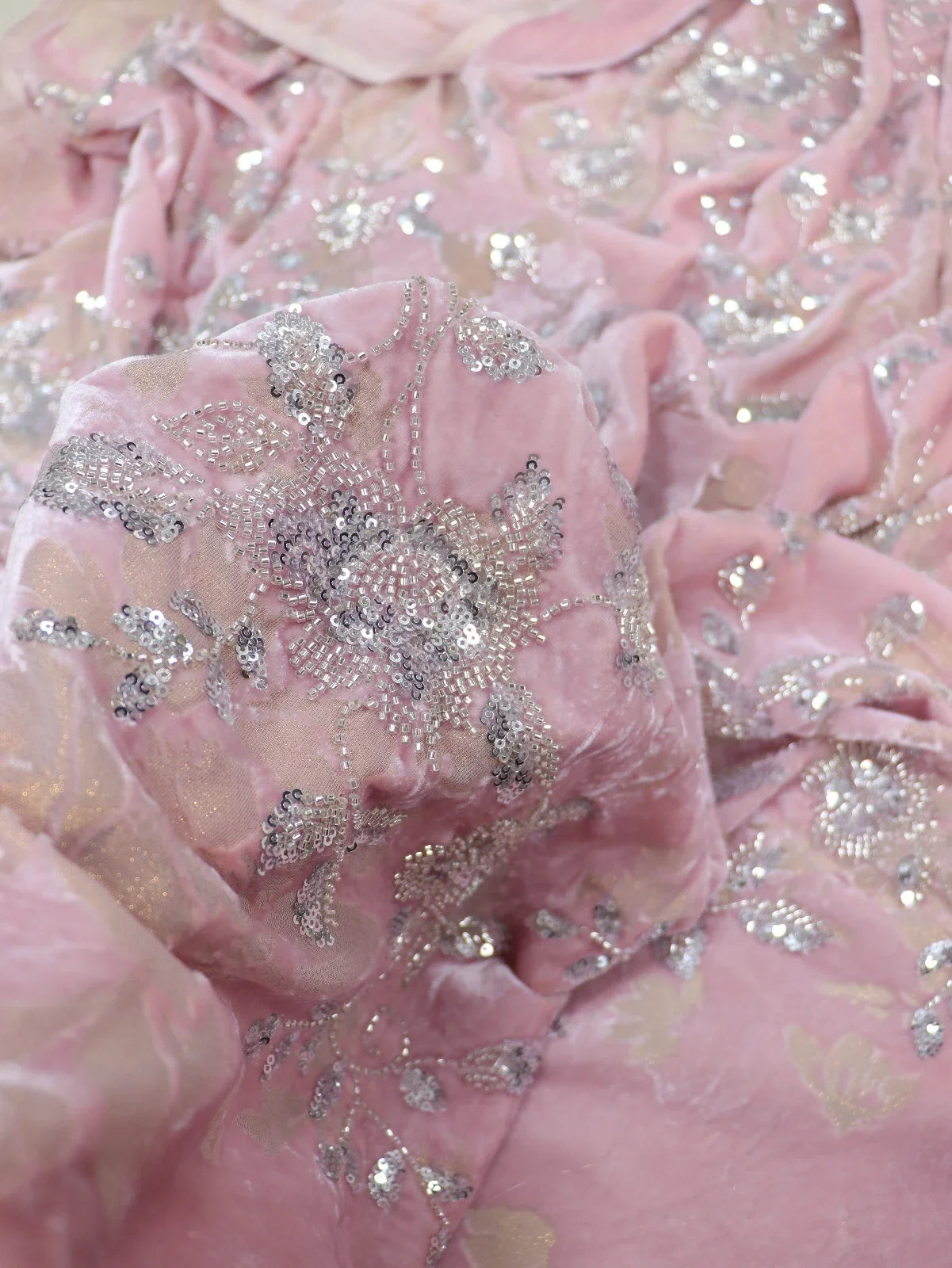 Beaded Embroidered Gold Velvet Sequin Fabric - Luxury Designer Material 140cm