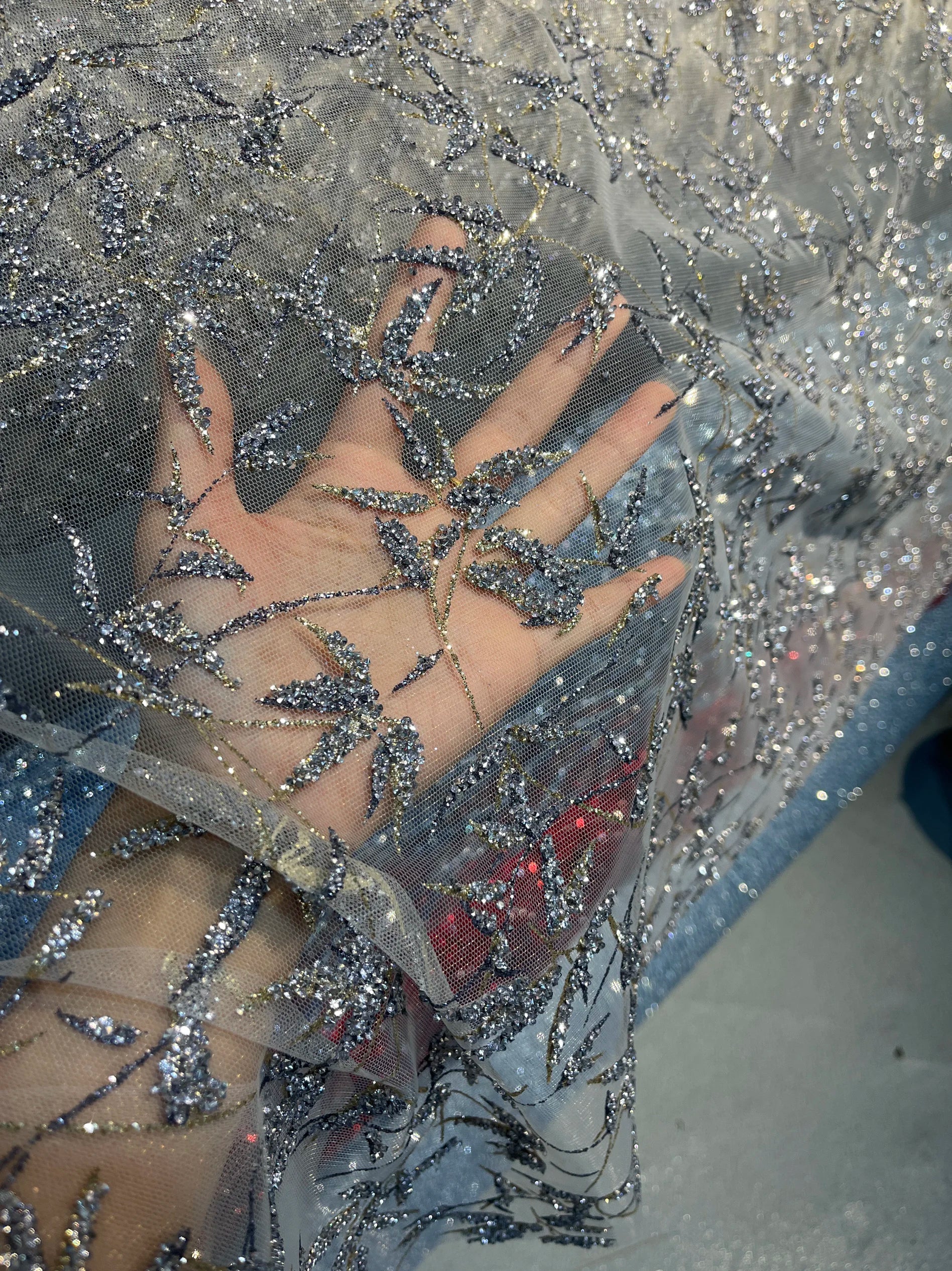 High Density Iridescent Black Bright White Champagne Gold Tree Branch Hot Stamping Sequin Mesh Fabric Mesh Dress Fabric