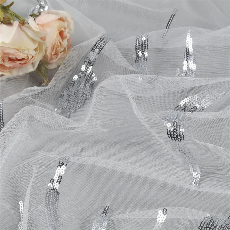 Vestido de novia con cuentas, tela de malla bordada, tela de lentejuelas multicolores, tela bordada para boda, ribete de encaje con ojales