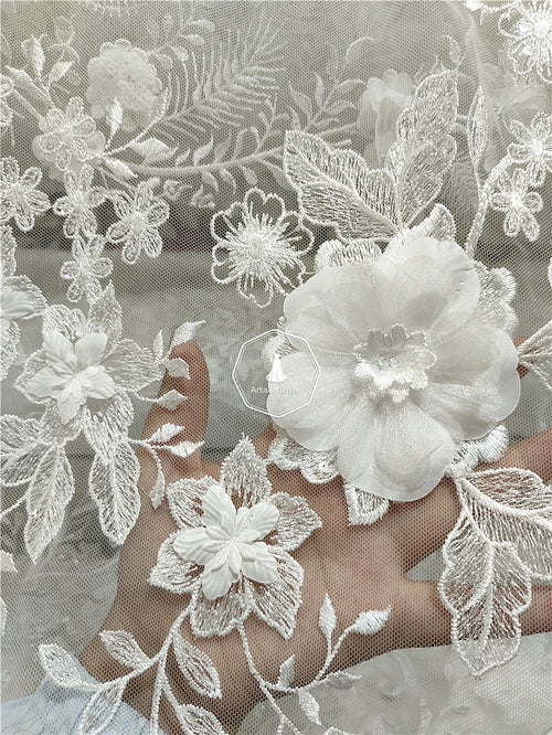 3D Leaf Embroidered Lace Fabric - Dimensional for Bridal & Accessories