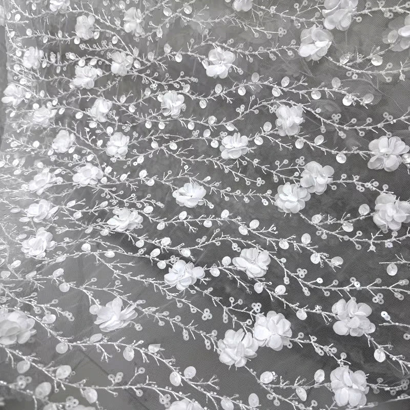 3D Branch Lace Fabric - Velvet Floral Beads Sequins Embroidery Mesh