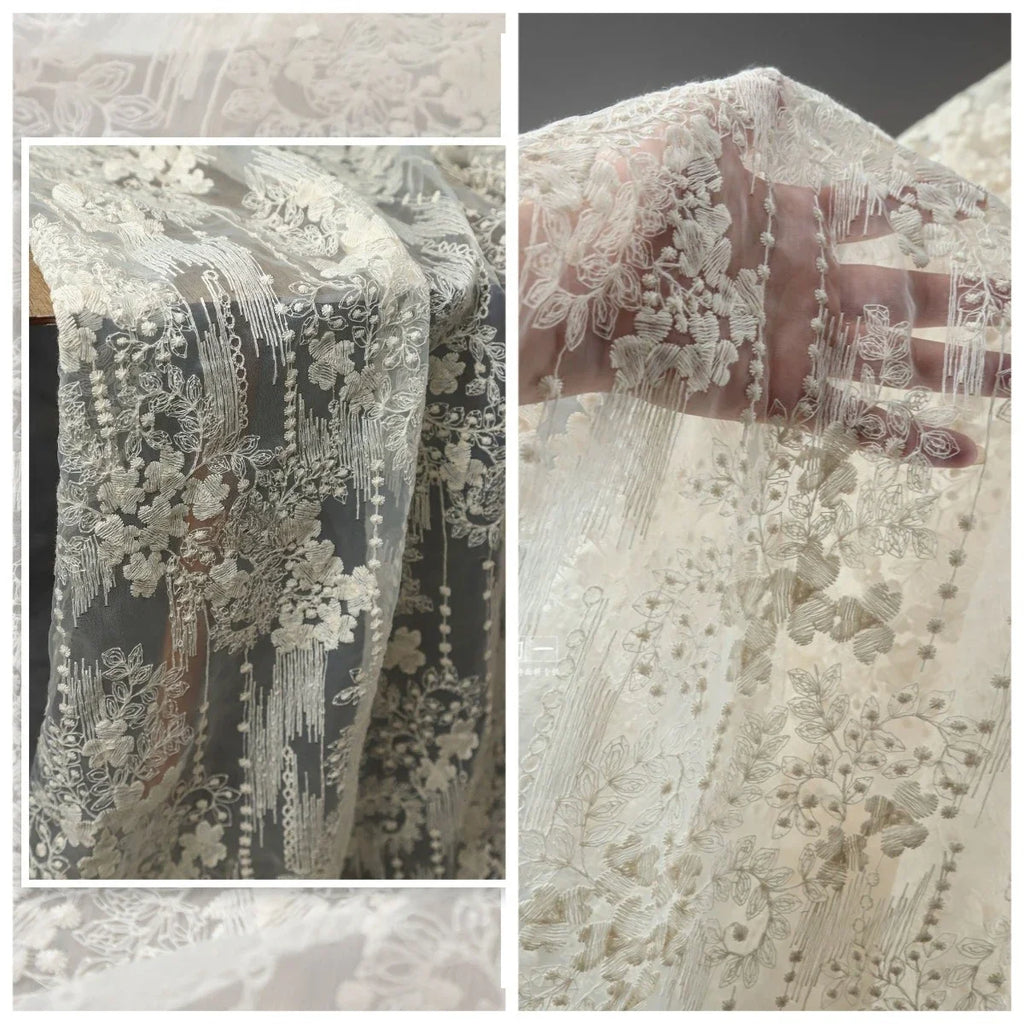 French Apricot Vintage Floral Embroidery Lace - Ombre Tulle Bridal Fabric - fabric photo 5