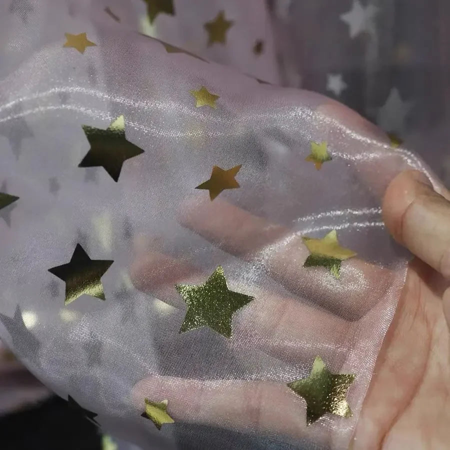 Tela de algodón con estampado de estrellas en relieve dorado y plateado para vestidos, desfiles de moda, faldas mullidas, disfraces, material de costura hecho a mano.