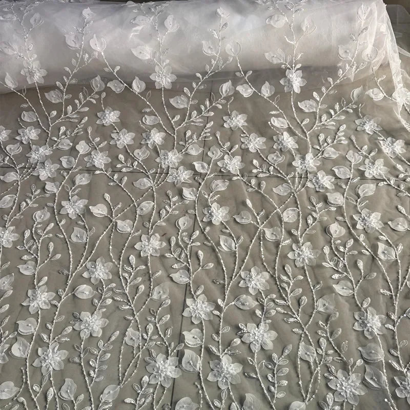 Deluxe Embroidered Lace Fabric - Sequins Beads Leaf Petal Wedding Material