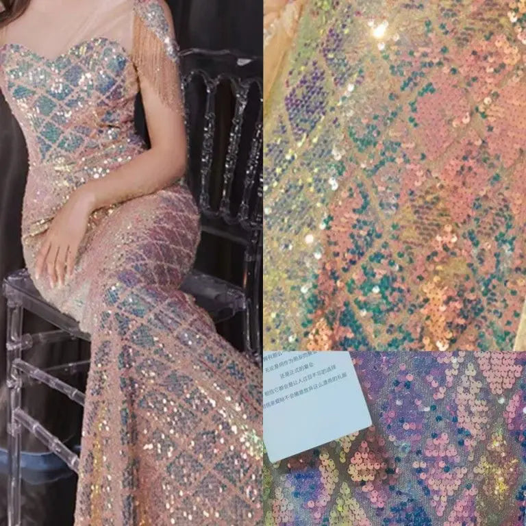 New Diamond Shaped Sequin Lace Fishtail Dress Clothing With Special Lace Sequin Fabric, Super Sparkling Lace Sequin Fabric
