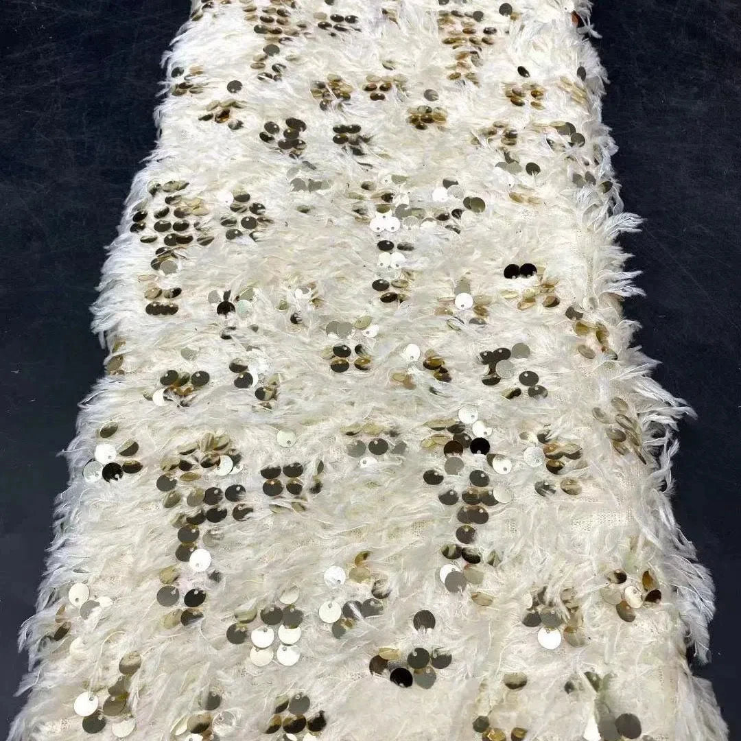 Tela de lentejuelas con base de plumas, tela con flecos de cuentas, tela de bordado de cuentas de felpa tridimensional