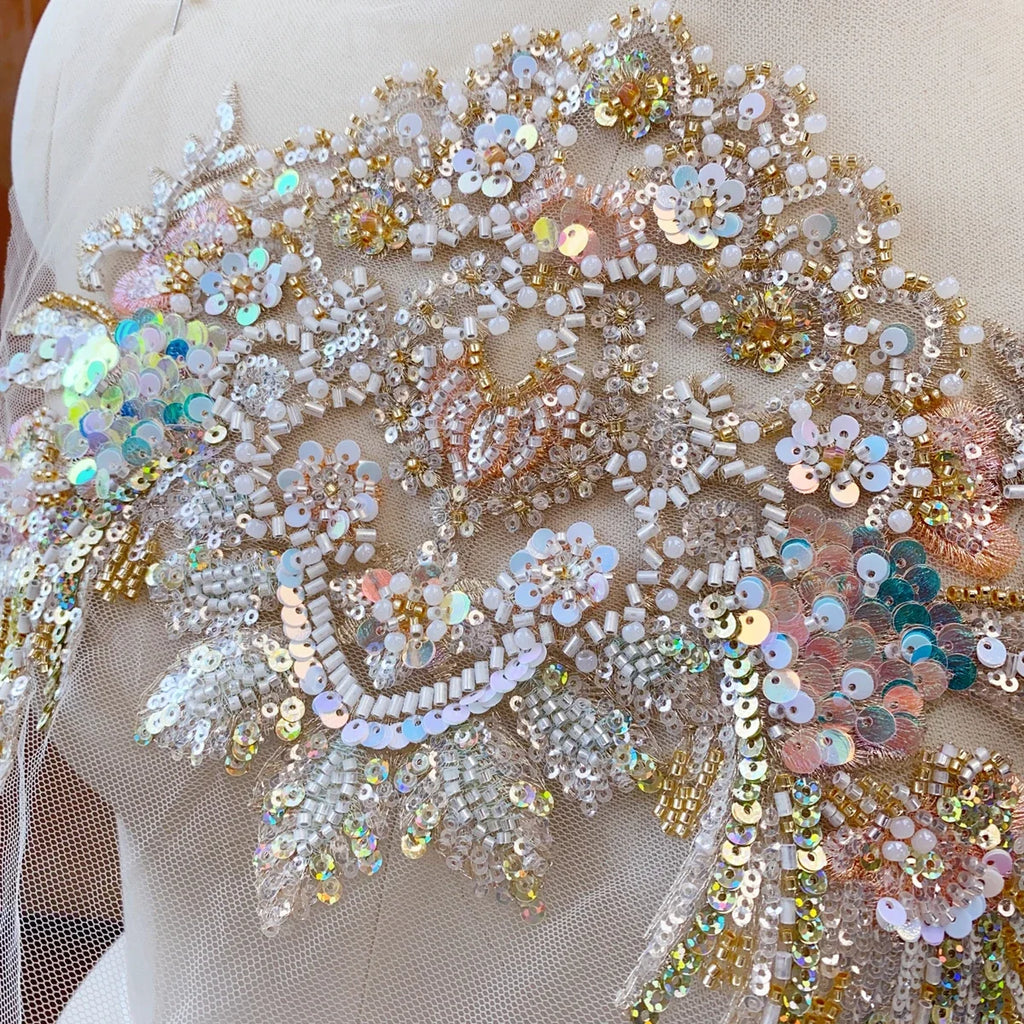 Champagne gold fish scale sequins bead embroidery lace wedding dress evening gown stage costume DIY sewing accessories