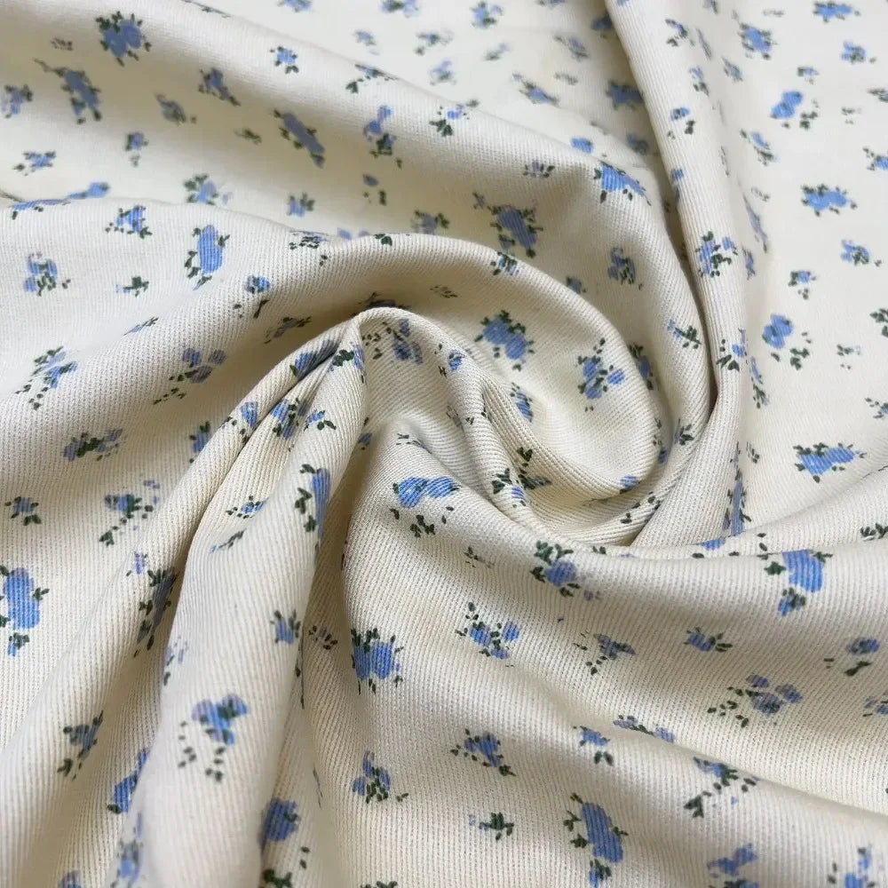 Checkered Floral Cotton Denim Fabric - Dress Tablecloth Material
